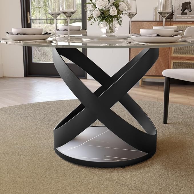 POVISON 51" Modern Round Dining Table with Lazy Susan, Glass Round Kitchen Table for 4, Tempered Glass Dining Room Table top with Black X Carbon Steel Base (Dining Table Only)