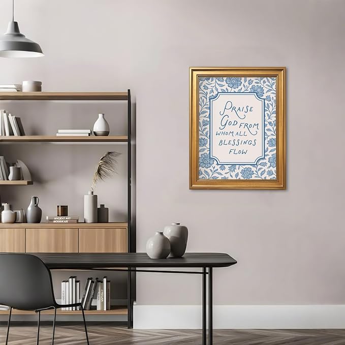 Framed Vintage Christian Wall Art Praise God From Whom All Blessings Flow Poster Light Blue Floral Scripture Print Retro Bible Verse Canvas Painting for Home Faith Based Decor 12x16inch