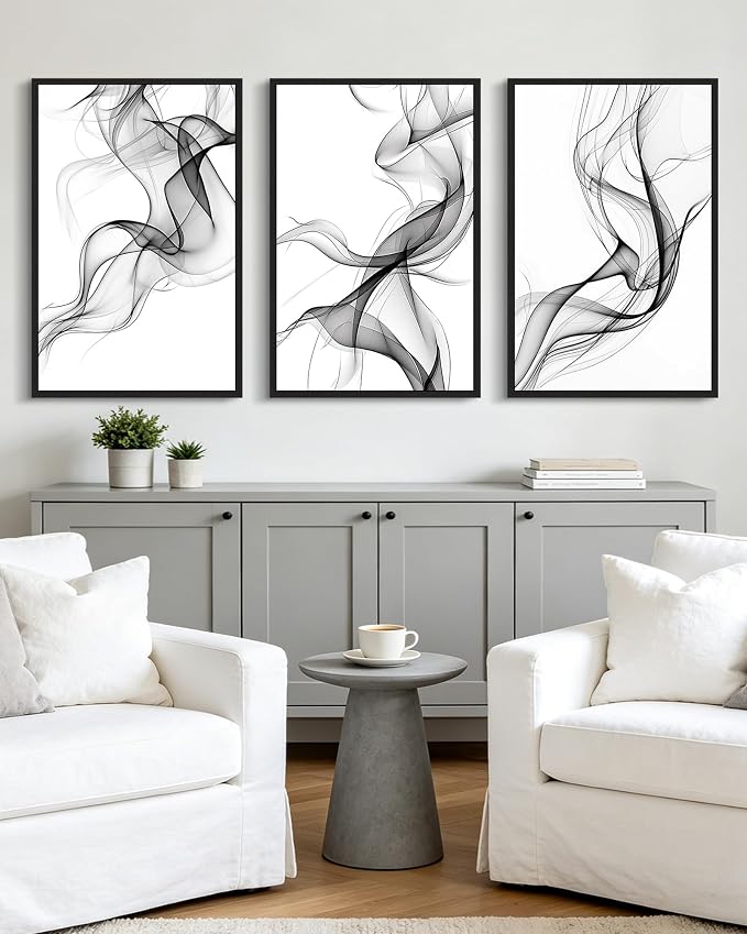 KUVIOKE Black White Abstract Framed Canvas Wall Art Ink Wash Pastel Wall Decor Modern Transparent Fog Illustration Art Painting for Bedroom Dining Room 24x36in (Black Framed)
