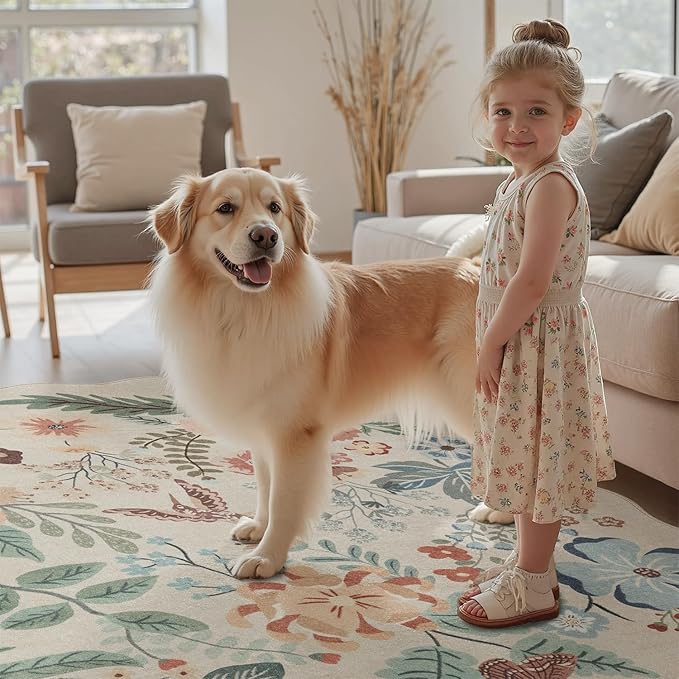 DCX Beige Floral Rug 5x7, Washable Beige Rug for Living Room, Kid & Pet Friendly with Rubber Back Non Slip, Soft Low Pile Carpet, Stain Resistant Rug for Bedroom, Nursery, Dining Room