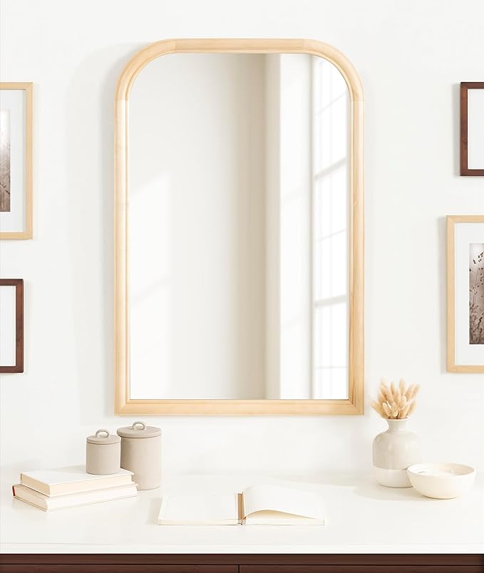 Kate and Laurel Glenby Mid-Century Modern Arch Wall Mirror, 24 x 36, Natural Wood, Wooden Arched Bathroom Mirror with Rounded and Stepped Frame Profile