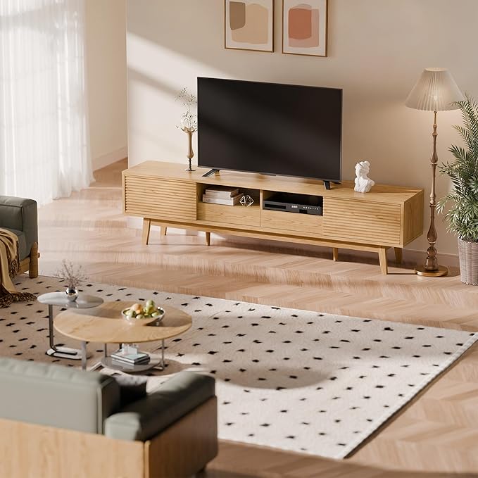 TOLEAD 70" TV Console, Mid Century Modern Media Console for 55/65/75 Inch TV, Low Profile TV Stand with Fluted Sliding Doors, Boho Light Wood Credenza for Living Room, Oak