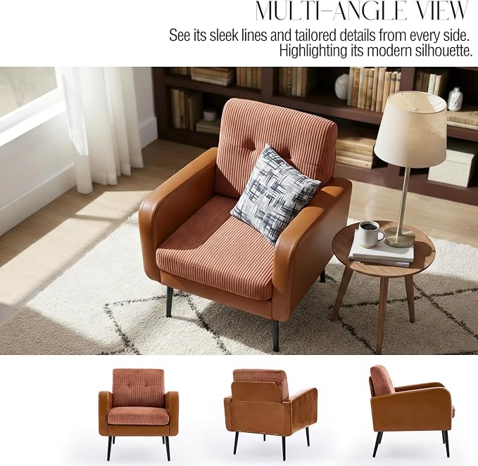 Comfy Accent Chair for Living Room Chairs Mid Century Modern Reading Chair Accent Chairs Set of 2 with Metal Legs,Upholstered Arm Chair for Bedroom Office Waiting Room (Brown & Ochre,2)