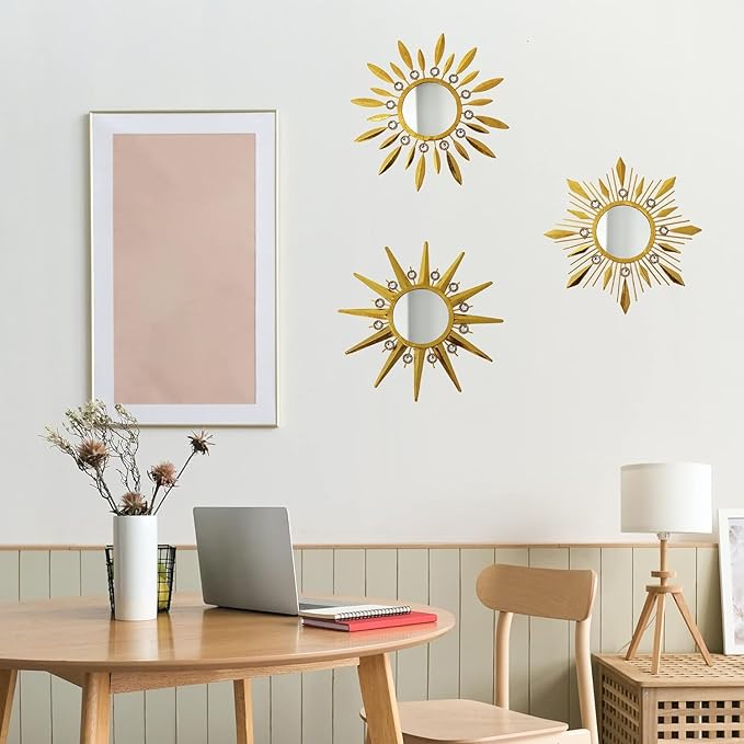 Champagne Gold Round Mirrors for Wall Art Pack of 3, Decorative Mirror Wall Valentine Decor& Vintage Room Decor, Sunburst Circle Mirrors Modern Valentine Gifts for Women & Moms