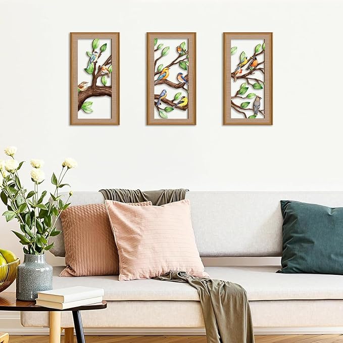 Ausril 3 Pcs Birds Tree Branch Wall Decor,Nature Tree of Life Wall Art,Green Leaves with Bird Wall Art,Branch Birds Silhouette Sculpture,Spring Tree Sign Wood Framed for Home Living Room Bedroom