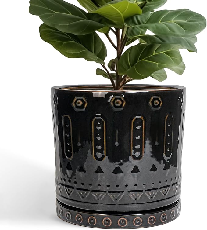 Eightpot Ceramic Pots for Plants - 12 Inch Large Planter with Drainage Hole and Saucer, Ceramic Flower Pots for Indoor Outdoor, Boho Round Planter, Patio Decor, Gifts for Plant Lover, Black