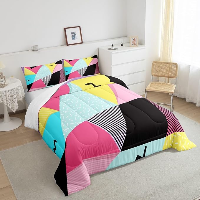 Manfei Memphis Comforter Set Twin Size, Retro 80s 90s Fashion Style Quilt Set with 1 Pillowcase, Colorful Triangle Geometric Bedding Set 2pcs for Kids Boys Girls Lightweight Duvet Insert
