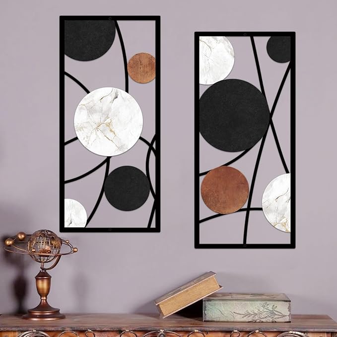 ruelen 2 Pieces Metal Wall Art，Abstract Geometric Circle Decor with Marble Texture, Modern Minimalist Black White Brown Wall Sculpture for Living Room，Bedroom，Office