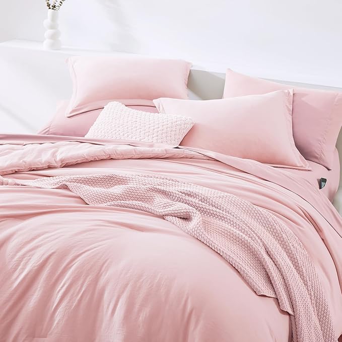 WRENSONGE Full Size Comforter Set- 7 Pieces Soft Pink Bed in a Bag Full Size Comforter with Fitted Sheet, Flat Sheet, 2 Pillow Shams, 2 Pillowcases, Warm Bedding Sets for All Season
