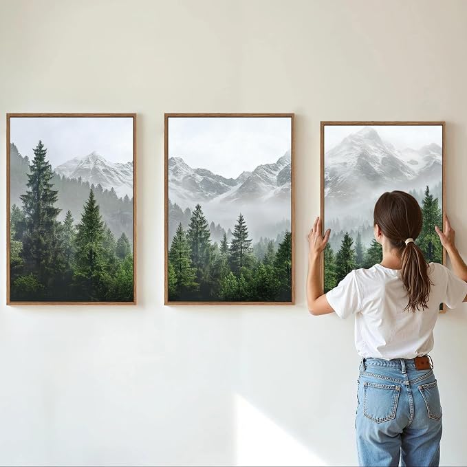 KaiWithYuan Misty Snow Mountain Framed Canvas Wall Art, Snowy Pine Tree Woodland Wall Decor, Calming Nature Forest Art Paintings, Minimalist Landscape Artwork for Bedroom Living Room Office 16"x24"x3