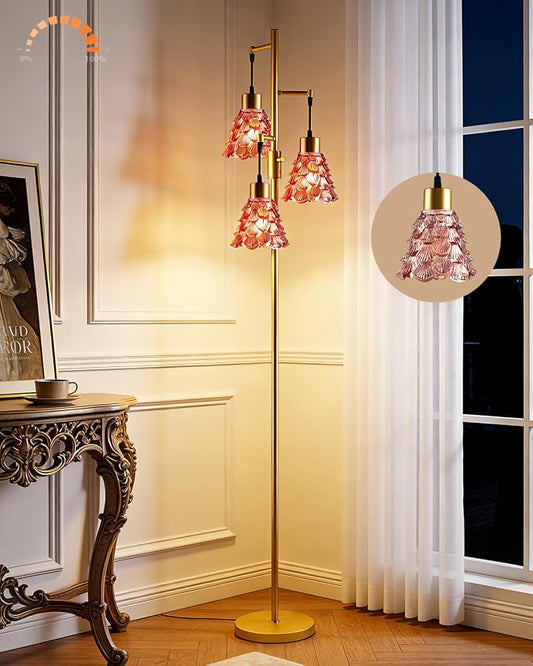 Lightdot 67" Glass Floor Lamps for Living Room, 3-Light Dimmable Floor Lamp with Rose Red Glass Shade& Bulbs Included, Mid Century Standing Tall Lamp with 5Lbs Heavy Base for Bedroom/Sofa Beside-Gold