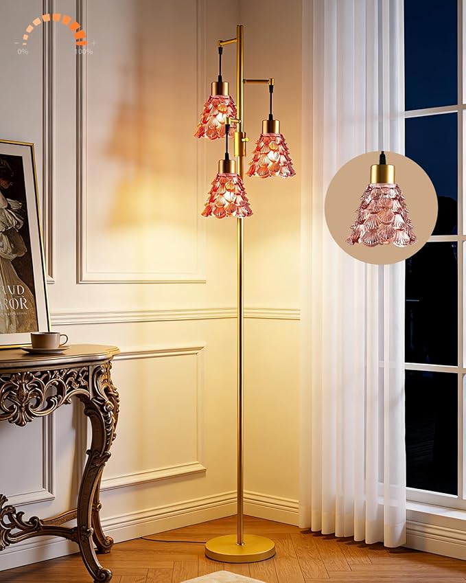 3-Light Modern Glass Floor Lamp, Gold Standing Tall Lamp with Deep Red Pinecone Glass Shade, Dimmable LED Floor Lamp with 5Lbs Heavy Base for Living Room Bedroom Home Decor, Bulb Included