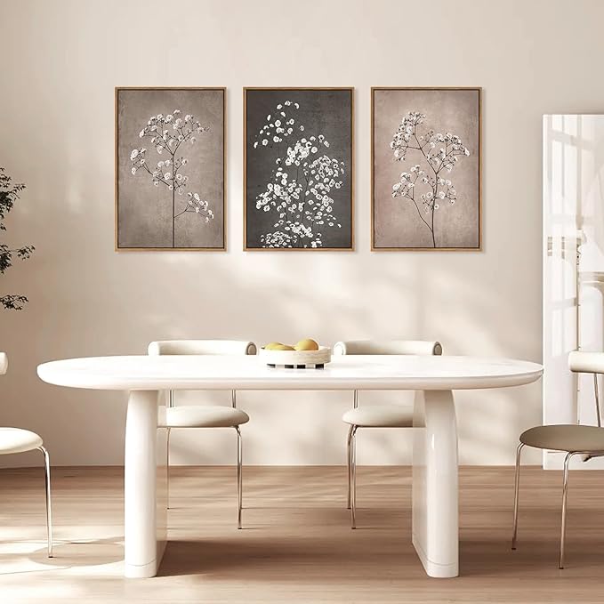 FWIEXA 3 Piece Neutral Canvas Wall Art for Bedroom Living Room, Framed 16x24 Inches Botanical Prints Set, Minimalist Wildflower Wall Decor, Large Modern Plant Painting
