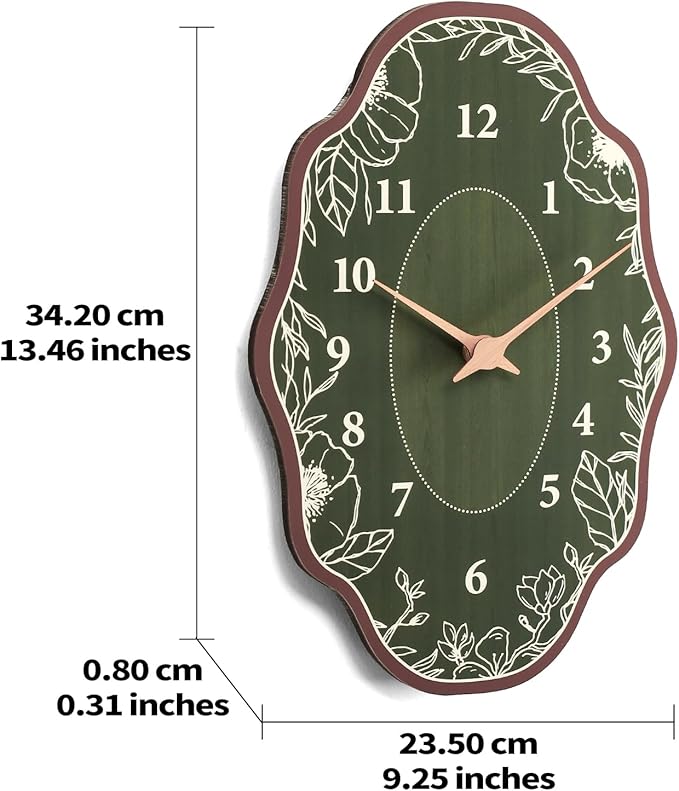 Mid Century Retro Irregular Shape Wall Clock, Silent Non-Ticking Battery Operated, 14 x 9 Inch Vintage Boho Green Art Clock for Living Room, Bedroom, Entryway, Mantel Decor