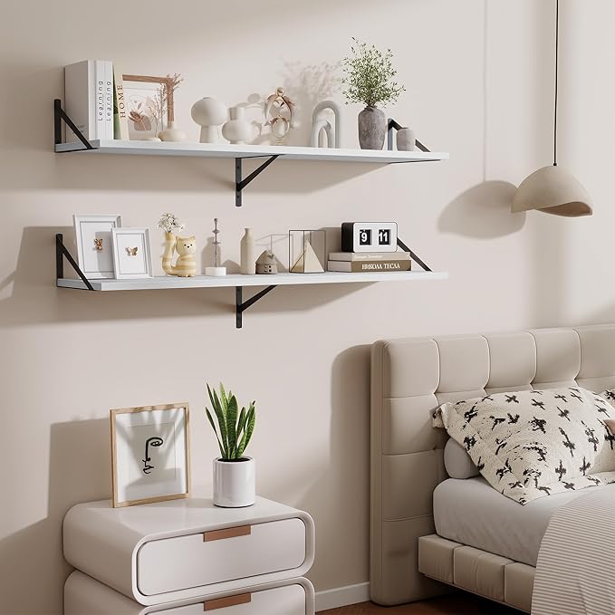 48inch Floating Shelves for Wall,10" Deep Floating Shelves with Metal Brackets,Wall Mounted Hanging Floating Shelf,Wide Display Shelves for Living Room,Bedroom,Office,Kitchen,White