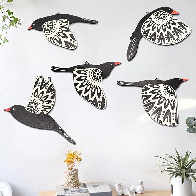 EMINGSKY 5 Pcs Wooden Bird Wall Art Wood Flying Birds Wall Decor Boho Rustic Folk Art Home Decor for Gift Living Room Bedroom Kitchen Office(Black)