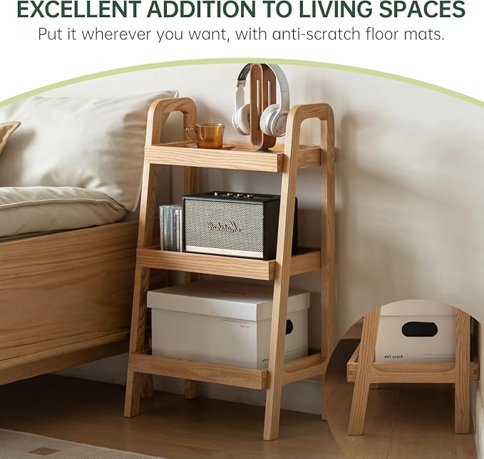 100% Solid Oak 3 Tier Ladder Shelf for Saving Space, Small Bookshelf with Stable Frame, Free Standing Ladder Shelves for Living Room Bedroom Couch, (Natural, 25.6" W x 13.4" L x 36.2" H)