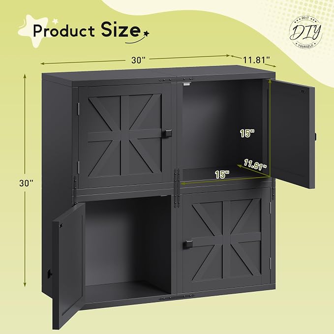 Homkdom 4 Cube Storage Organizer, DIY Bookcase with Doors, Stackable Cube Shelf with Anti-Tip Design, Modular Cubby for Bedroom, Dorm, Office,Living Room, 30" W x 11.81" D x 30" H, Black