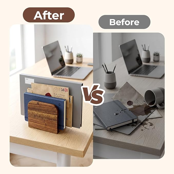 Acacia Wood Mail Organizer Countertop -Small Letter Holder for Desk, Rustic Farmhouse Decor, Upright Bill postcards, and notepads Stand for Entryway & Office，Also Works as Napkin Holder