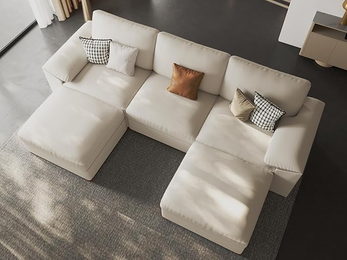 EASE MOOSE Deep Seat Sectional Couch, Scratch Resistant Faux Leather Material, 5-Seat Oversized Modular Sofa for Living Room,U Shaped Modern Comfy Sofas,Beige