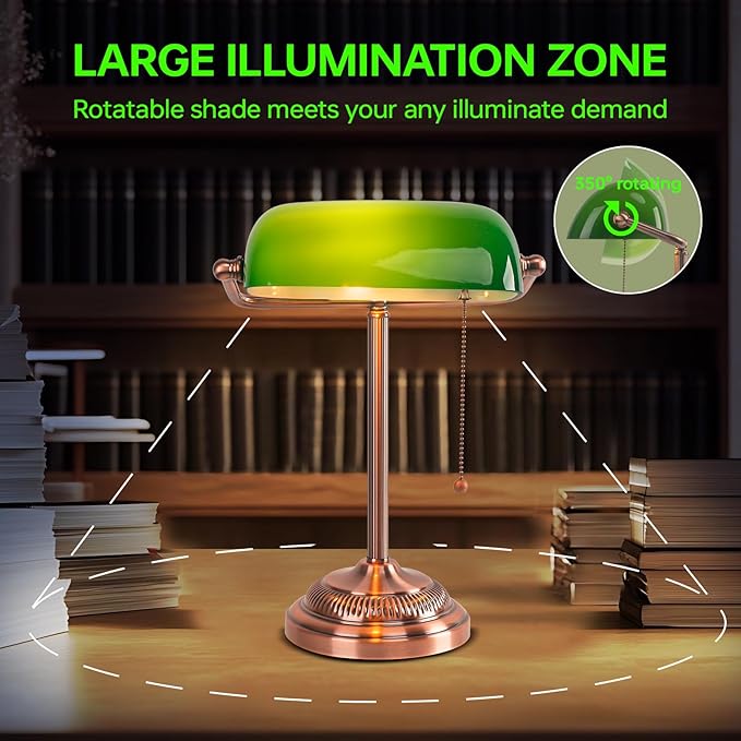 FIRVRE Green Glass Bankers Desk Lamp, Traditional Banker's Lamp, Vintage Lamp with Pull Chain Switch, Retro Table Lamps for Home Office, Library, Piano