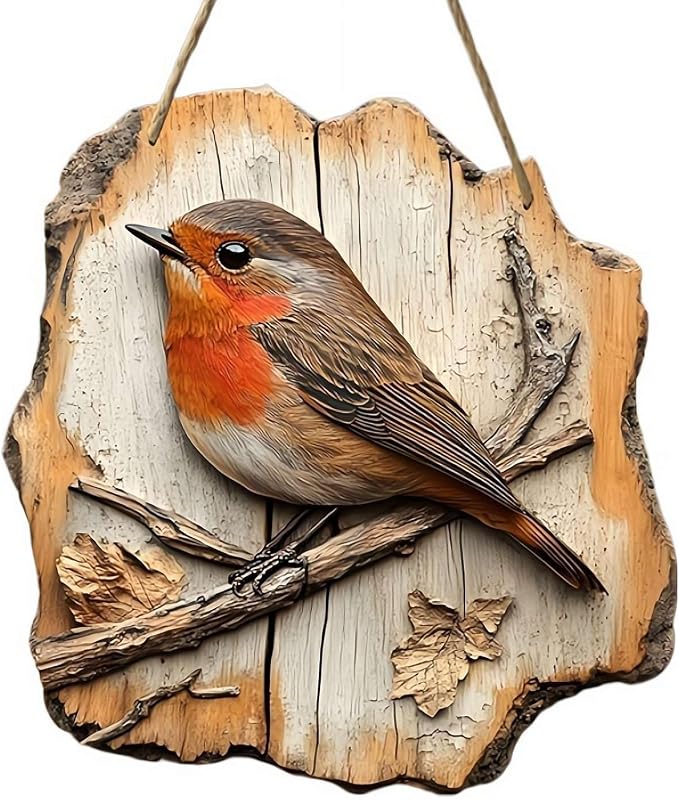 Vintage 2D Bird Wooden Signage, Handmade Boxwood Bird Wall Hanging, Rustic Farmhouse Robin Birds Wall Decor Forest Animal Decoration for Indoor Outdoor Home Living Room Photo Background