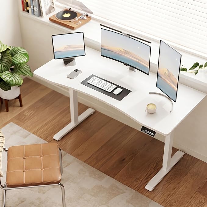 Solid Wood Electric Standing Desk 55"x23.6"Home Office Desk,Adjustable Workbench with 3 Stages Single Motor, Computer Workstation with T-Shaped Metal Bracket,Walnut Standing Table for Gaming(1 Box)