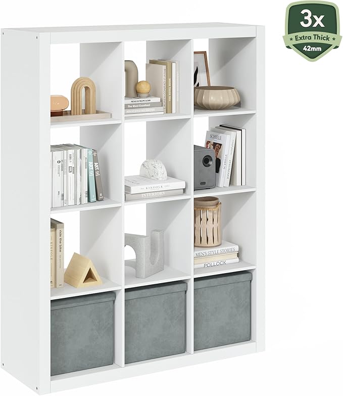 Furinno Cubicle Book Shelf, 12-Cube Bookshelf, Triple Thick Frame Cube Storage Organizer, 1.65" Thick Bookcase, 15.4" x 57.4" x 43.4", for Home Office, Living Room, Plain White