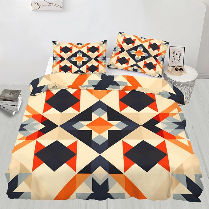 Retro Medieval Duvet Cover Full Size, Colorful Geometry Bedding Set 3 Piece Bedroom Decor Vintage Abstract Patterned Comforter Cover with Zipper Ties & 2 Pillowcases
