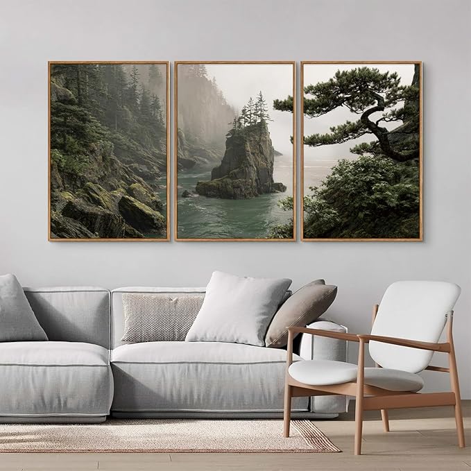 Rantodecor Coastal Forest Framed Canvas Wall Art, Pacific Northwest Coast landscape Wall Decor, Nature PNW Mountain Sea Art Paintings, Sage Green Pine Artwork for Bedroom Living Room Office 16"x24"x3