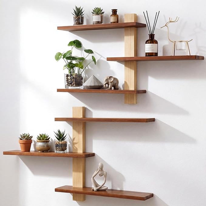 Pinkunn 2 Pack Wood 3 Tier Floating Shelf Large Minimalist Wall Shelves Mid Century Modern Furniture Wall Mount Shelf Art Decor Rustic Shelving for Bedroom Living Room Office Home(Natural Wood)