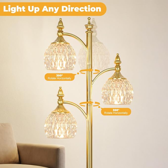 JUNNAI Gold Floor Lamp for Living Room 66.5in Brass Tall Standing Lamp with 3 Way Brightness Lights Glass Shades Modern Mid Century Gothic Corner Lamp for Bedroom Office