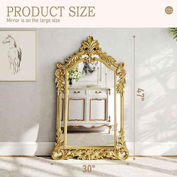 Large Gold Mirror for Wall Decor 30"x47" Vanity Antique Baroque Ornate Wall Mirrors Victorian Arched Mirror for Bathroom, Living Room, Entryway, Fireplace, Bedroom
