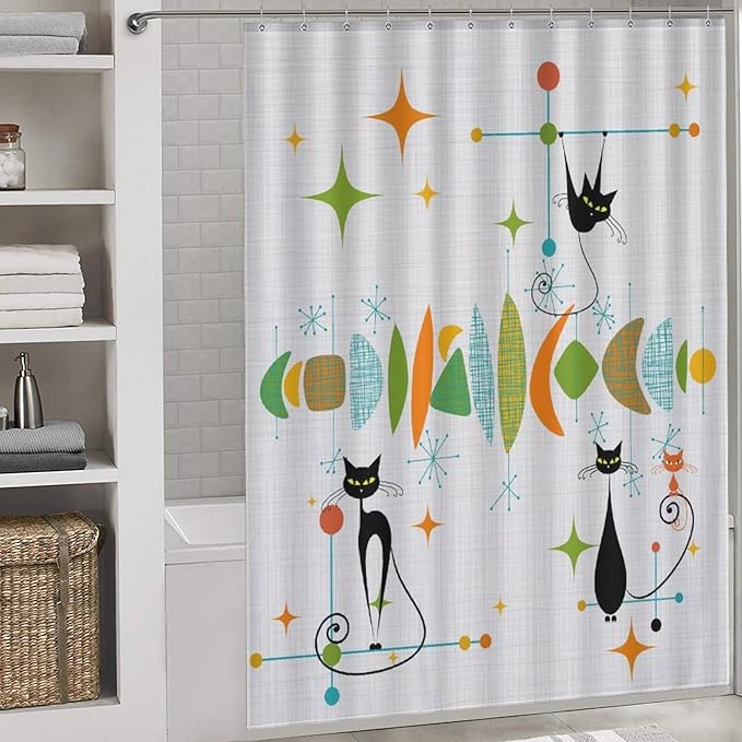 Mid Century Modern Shower Curtain, Retro Geometric Atomic Abstract Black Cat Pattern Middle Century 1950s 1960s Colorful Waterproof Fabric Bathroom Shower Curtain Set with Hooks, 72"x78" Inch