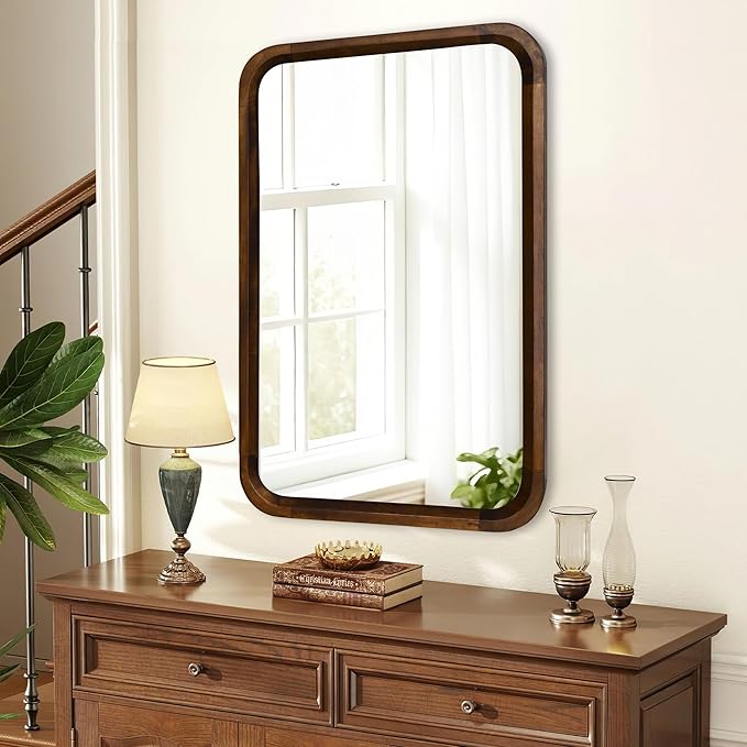 Wood Bathroom Mirror for Wall,Rectangle 20 x 30 inch Hanging Vanity Brown Tempered Mirrors with Rounded Corner for Living Room,Bedroom,Entryway (Walnut, 24x30 Inch)