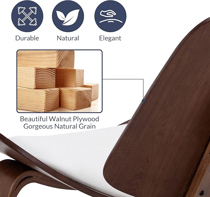 Belleze Mid-Century Modern Shell Side Accent Tripod Plywood Lounge Chair Walnut Upholstered Faux Leather, White
