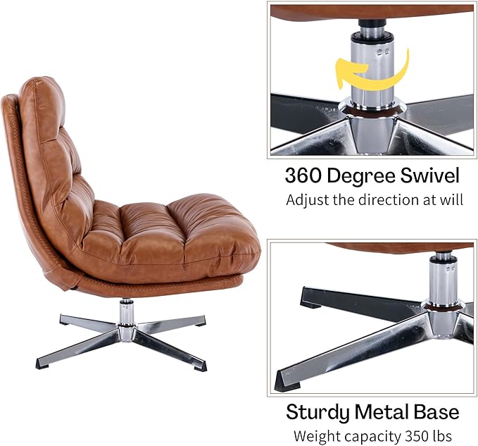 Swivel Accent Chair with Ottoman, Mid Century Modern Faux Leather Lounge Chair with footrest, Comfy Oversized Armchair with 360 Degree Metal Base for Living Room/Bedroom, Brown