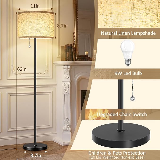 Floor Lamp, Floor Lamps for Living Room 3 Color Temperature Standing Lamp with Pull Chain Switch, Black Floor Lamp with Lampshade, Modern Tall Light for Bedroom Office(9W Bulb Included)