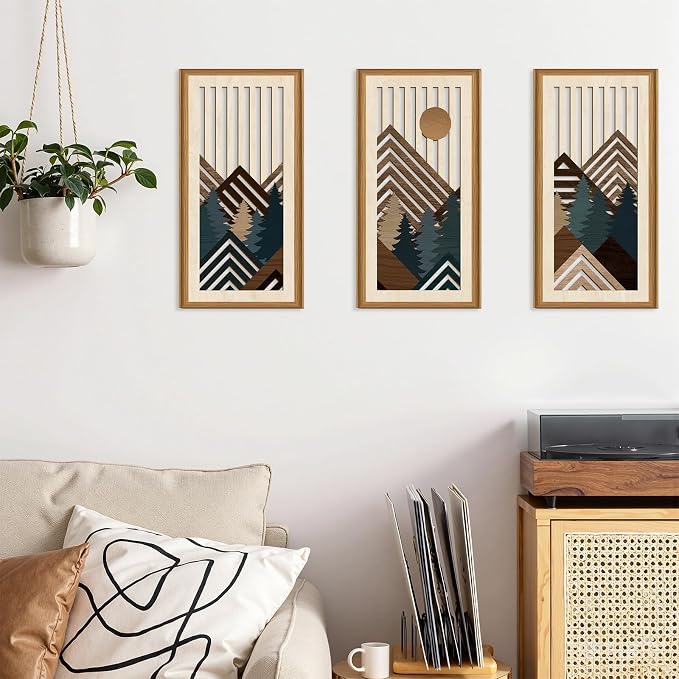 Celestdeco Boho Abstract Mountain Wood Wall Art Modern Geometric Artwork Bohemian Sun Forest Wood Wall Decor Mountain Tree Hanging Decor for Living Room Bedroom 7.9 x15.8 Inch