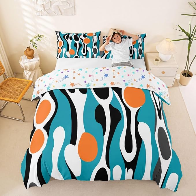 Erosebridal Mid Century Modern Abstract Duvet Cover Set Vintage Geometric Full Size Bedding Sets for Toddler Boys Contemporary Organic Shapes Comforter Cover Squiggle Blob Bed Set,Teal Orange