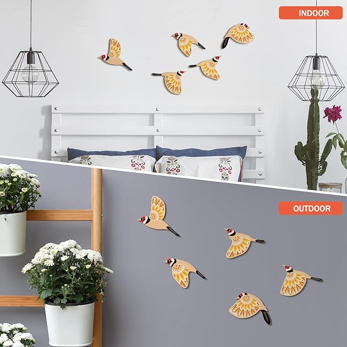 Barydat 5 Pcs Wooden Bird Wall Art Wood Flying Birds Wall Decor Rustic Folk Art Scandinavian Home Decor for Gift Living Room Bedroom Kitchen Office(Yellow)