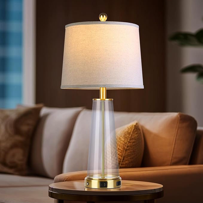 26" Glass Table Lamp Set of 2 with USB C+A Ports and AC Outlet, 3 Way Touch Modern Bedside Lamps for Night Stands, Gold Nightstand Lamps for Bedroom Living Room