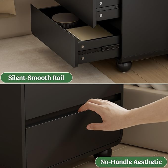 Lulive Wood Night Stand with Drawers, Modern Bedside End Table with Charging Station, Curved Profile Design Storage Nightstand for Bedroom, Black