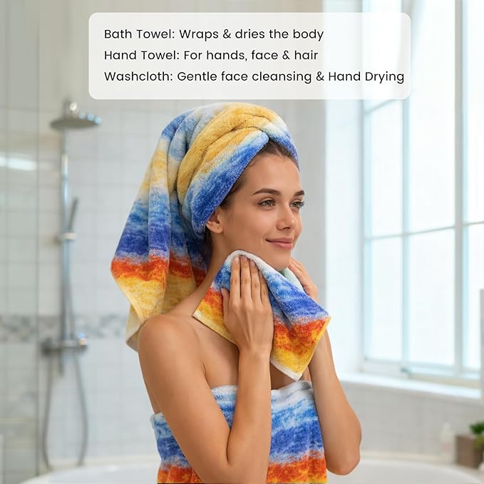 SEMAXE Colorful Bath Towel Set, 100% Cotton Bathroom Towels with Hanging Loops, Luxury 8 Piece Towel Set Include 2 Bath Towels, 2 Hand Towels, 4 Washcloths
