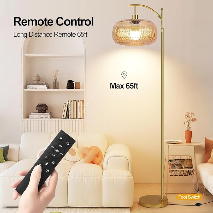 QIYIZM Glass Floor Lamp for Living Room,Bedroom,Gold Dimmable Standing Lamp with Remote,Mid Century Modern Brass Tall Lamp Retro Vintage Lamp Floor Light Boho Bohemian