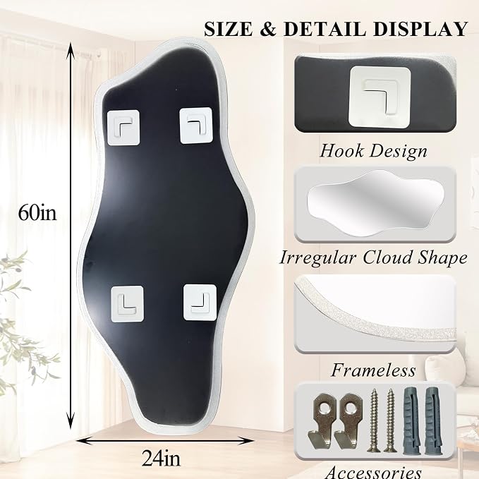 Large Irregular Wall Mirror, 60"x24" Silver Asymmetrical Tempered Glass Mirror, Frameless Organic Shaped Mirrors for Entryway Hallway Bedroom Living Room, Horizontal or Vertical Hanging