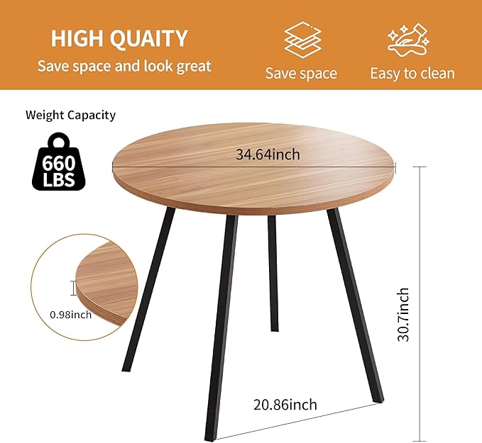 34.6" Round Dining Table for 2-4, Mid-Century Modern Walnut Kitchen Table with Woodgrain Top & Black Metal Legs, Space-Saving Table for Apartment, Breakfast Nook, Small Spaces - Walnut