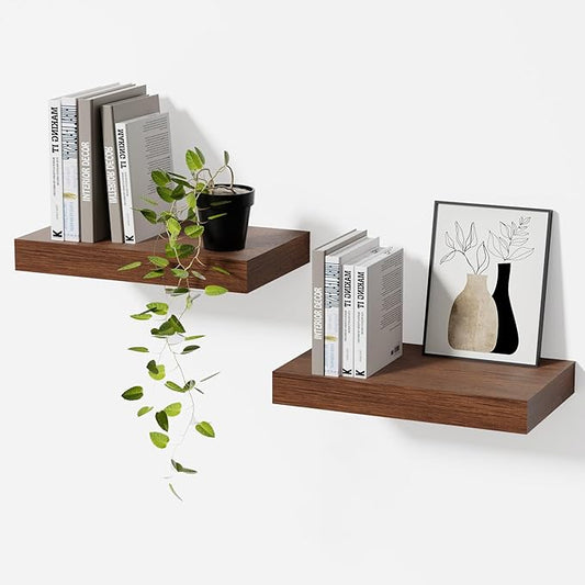 Bathroom Floating Shelves for Wall, Walnut Small 11.8" Floating Shelf for Storage, Display and Farmhouse Rustic Home Decor, Perfect Over Toilet for Bedroom, Kitchen or Living Room, 2-Pack