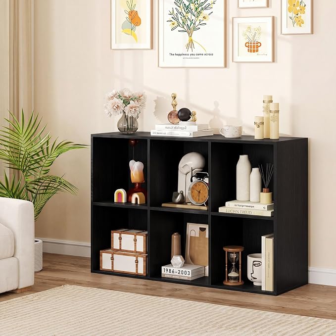 Tangkula 6-Cube Bookcase, Large Floor Standing Horizontal Bookshelf with 6 Open Shelves & 2 Anti-Tipping Kits, Home Office Wooden Storage Book Shelf for Living Room, Study (Black, 6-Cube)