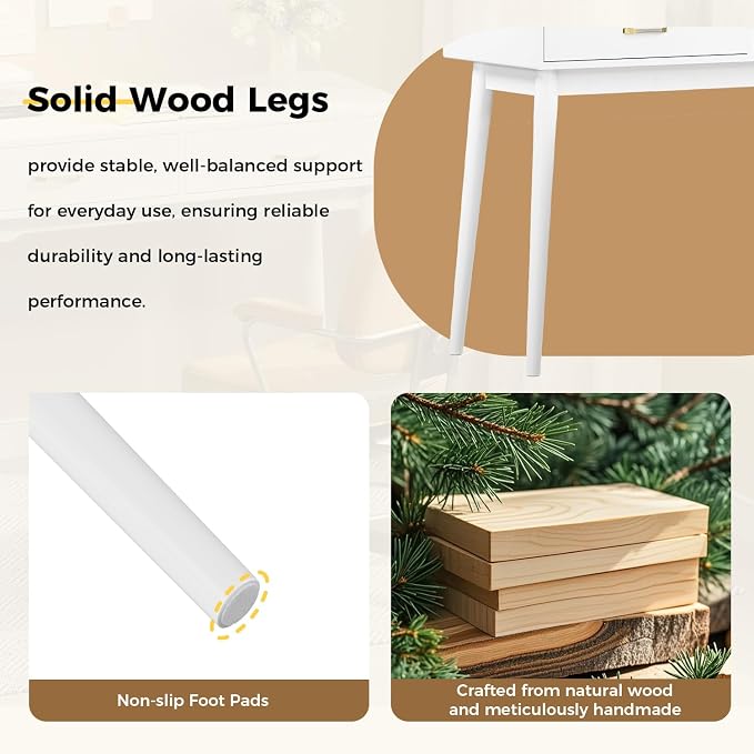 FUNKOCO White Small Desk with Drawers - 40 Inch White Home Office Study Writing Desk for Bedroom, Vanity Desk with 4 Solid Legs, Modern Computer Desk for Small Spaces